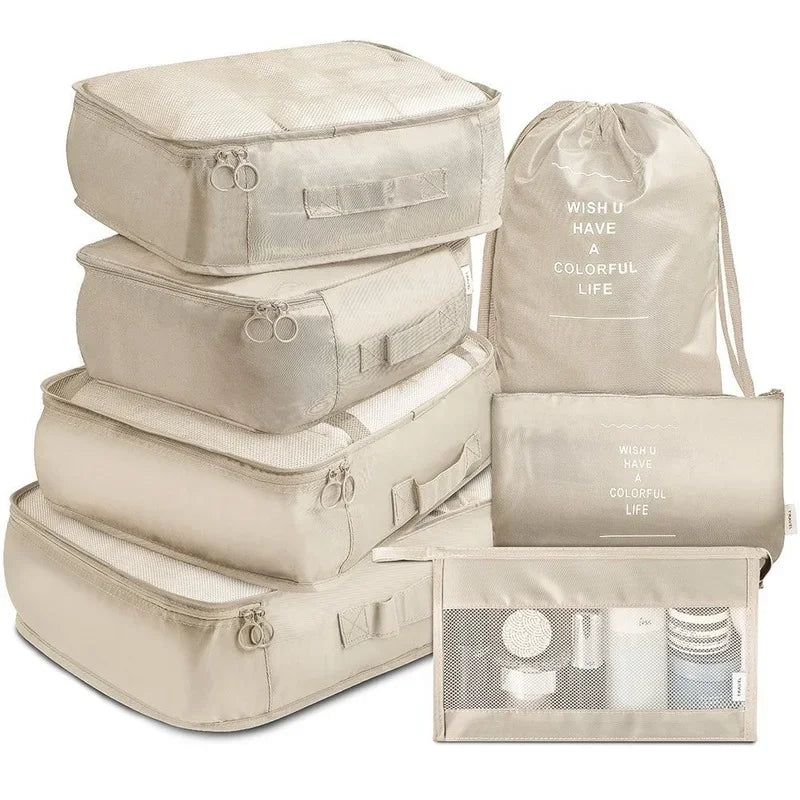 7pcs set travel packing cubes, portable mesh luggage storage bag, underwear clothes organizer bag with shoes bag - azartravelgear