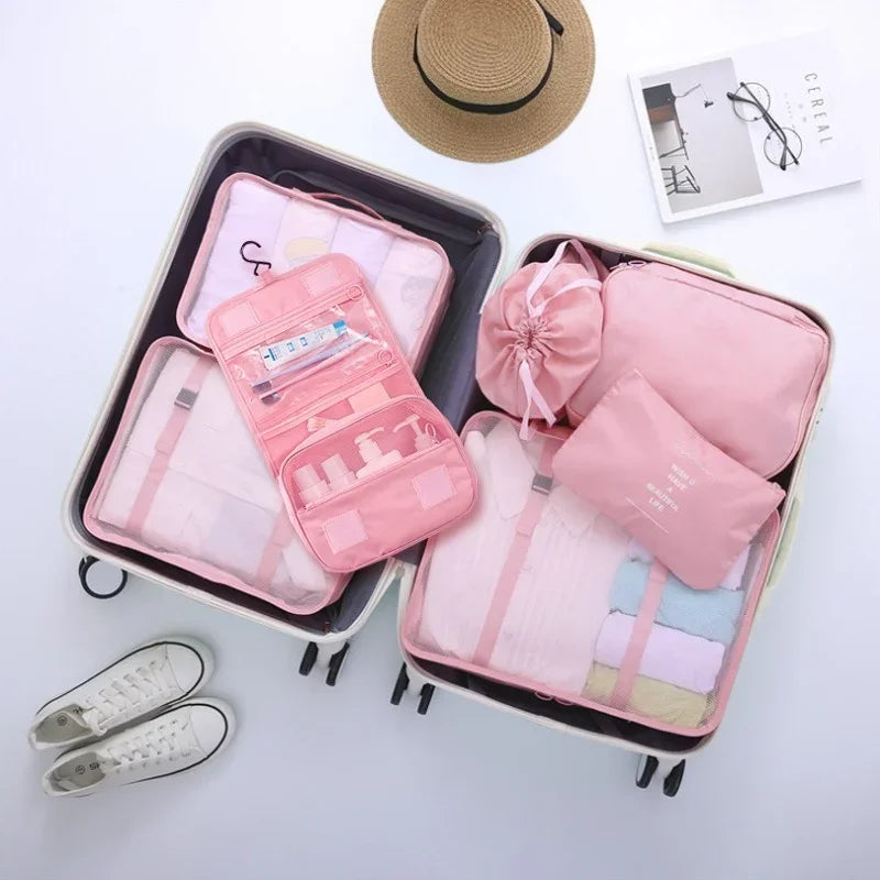 7pcs set travel packing cubes, portable mesh luggage storage bag, underwear clothes organizer bag with shoes bag - azartravelgear