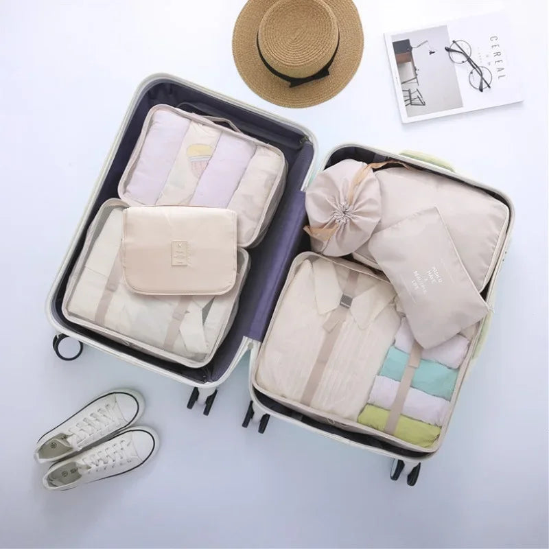 7pcs set travel packing cubes, portable mesh luggage storage bag, underwear clothes organizer bag with shoes bag - azartravelgear