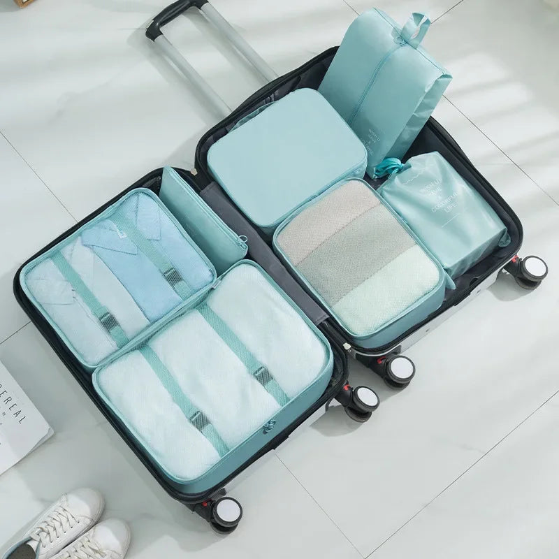 7pcs set travel packing cubes, portable mesh luggage storage bag, underwear clothes organizer bag with shoes bag - azartravelgear