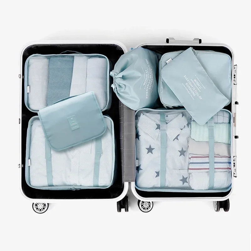 7pcs set travel packing cubes, portable mesh luggage storage bag, underwear clothes organizer bag with shoes bag - azartravelgear