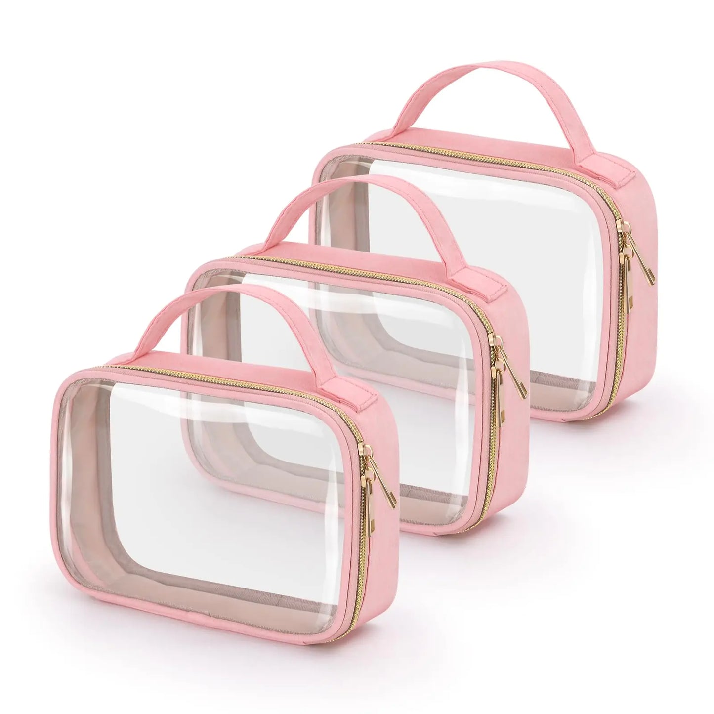 wedama tsa approved toiletry bag 3 pack clear makeup bags with handles quart size clear toiletry bags pvc cosmetic bags for women and men carry on airport airline comp (pink 3 pack medium) - azartravelgear