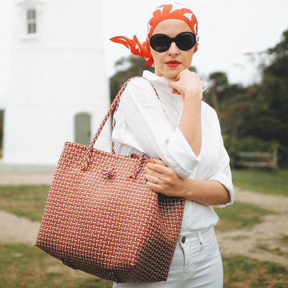 TOKO Recycled Woven Tote Bag, in Red & White - Jetwell.shop