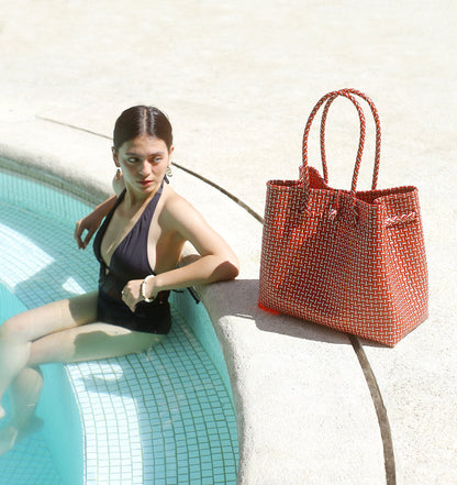 TOKO Recycled Woven Tote Bag, in Red & White - Jetwell.shop
