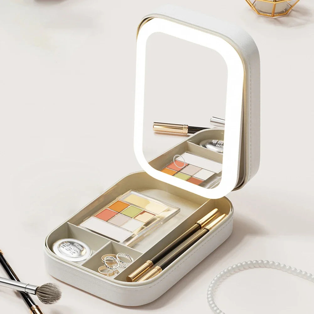 Makeup Storage Box With Led Light Mirror Portable Travel Cosmetic Case Touch Light Makeup Brushes Beauty Tools Storage Organizer - AzarTravelGear