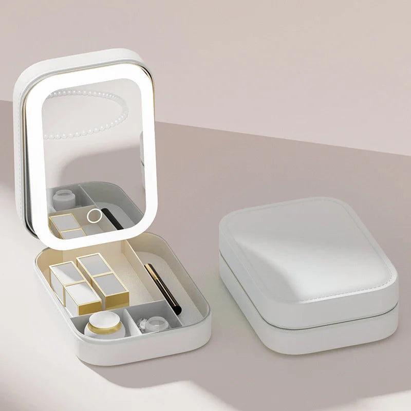 Makeup Storage Box With Led Light Mirror Portable Travel Cosmetic Case Touch Light Makeup Brushes Beauty Tools Storage Organizer - AzarTravelGear