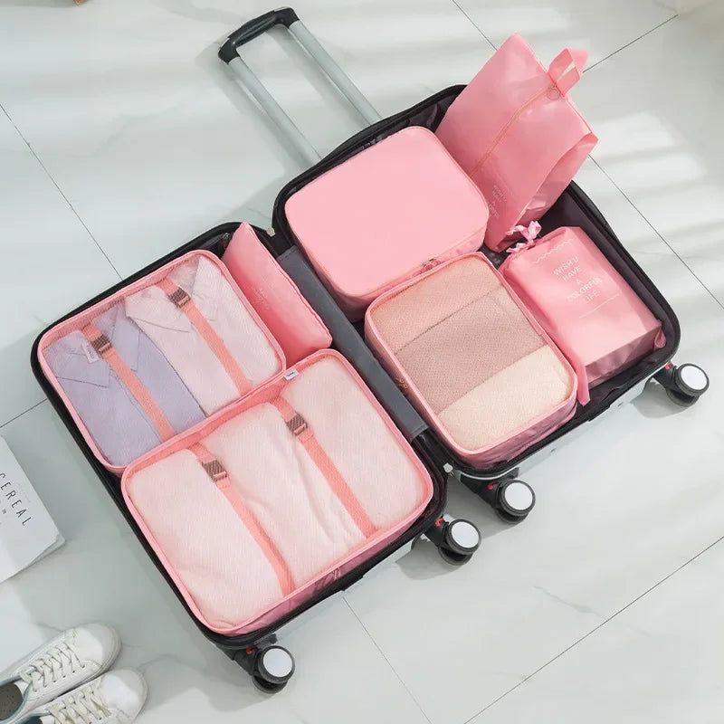 7pcs Set Travel Packing Cubes, Portable Mesh Luggage Storage Bag, Underwear Clothes Organizer Bag With Shoes Bag - AzarTravelGear