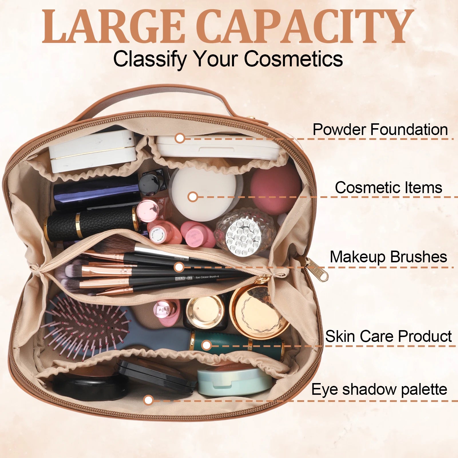 Travel Makeup Bag with Divider and Handle - AzarTravelGear