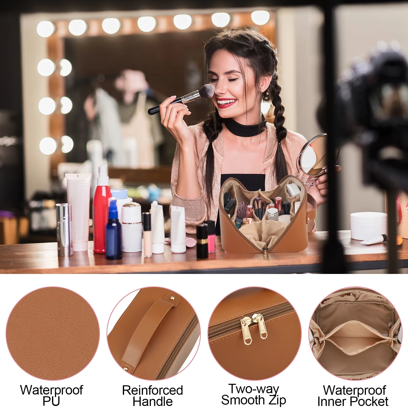 Travel Makeup Bag with Divider and Handle - AzarTravelGear